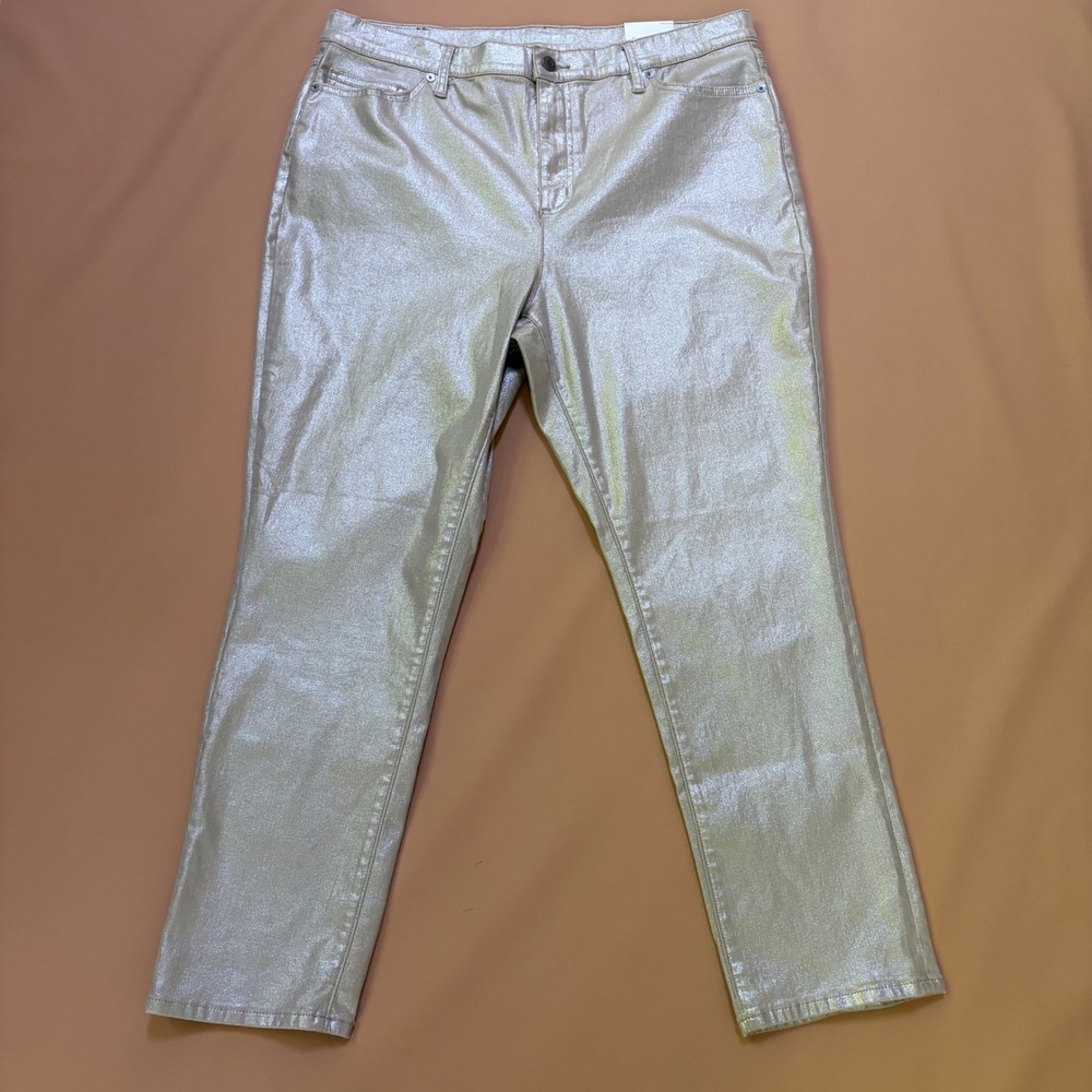 Lands End Womens 18 High Rise‎ Slim Leg Foil Ankle Jeans Warm Silver Luster NWT
